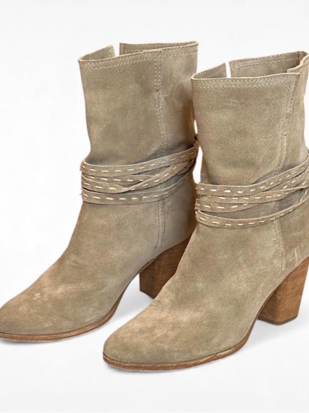 Frye Ash Gray Suede Leather western boho Stacked Heeled Boots w/ Wrap Strap 8.5B